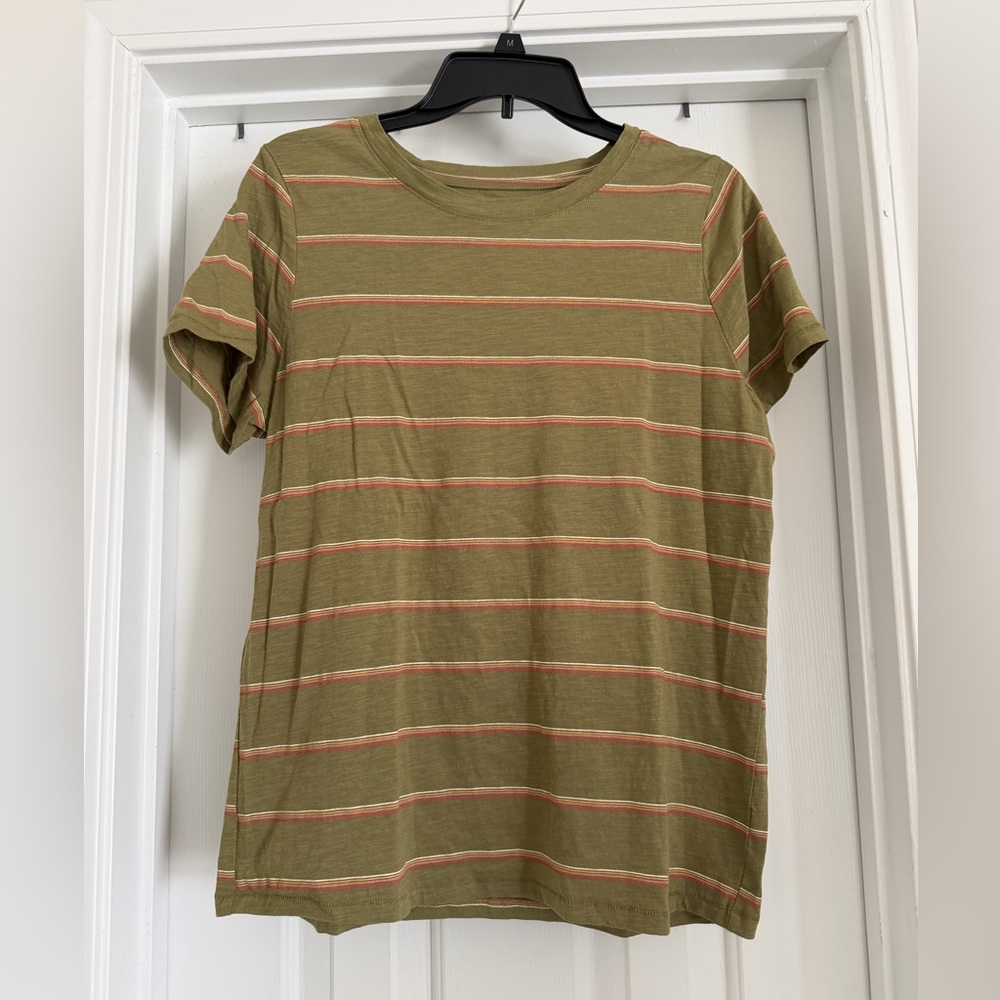 Sonoma Women’s Olive Short Sleeve Tee with Coral & Cream Stripes